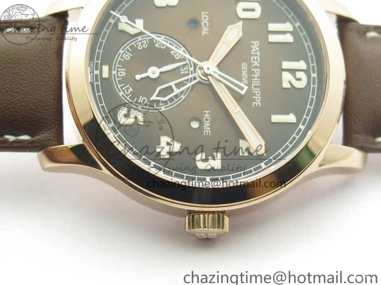 MIROTIME 0510 ZipUp Calatrava 5524R Pilot Travel Time RG GRF Brown Dial on Brown Leather Strap A324 V 7110